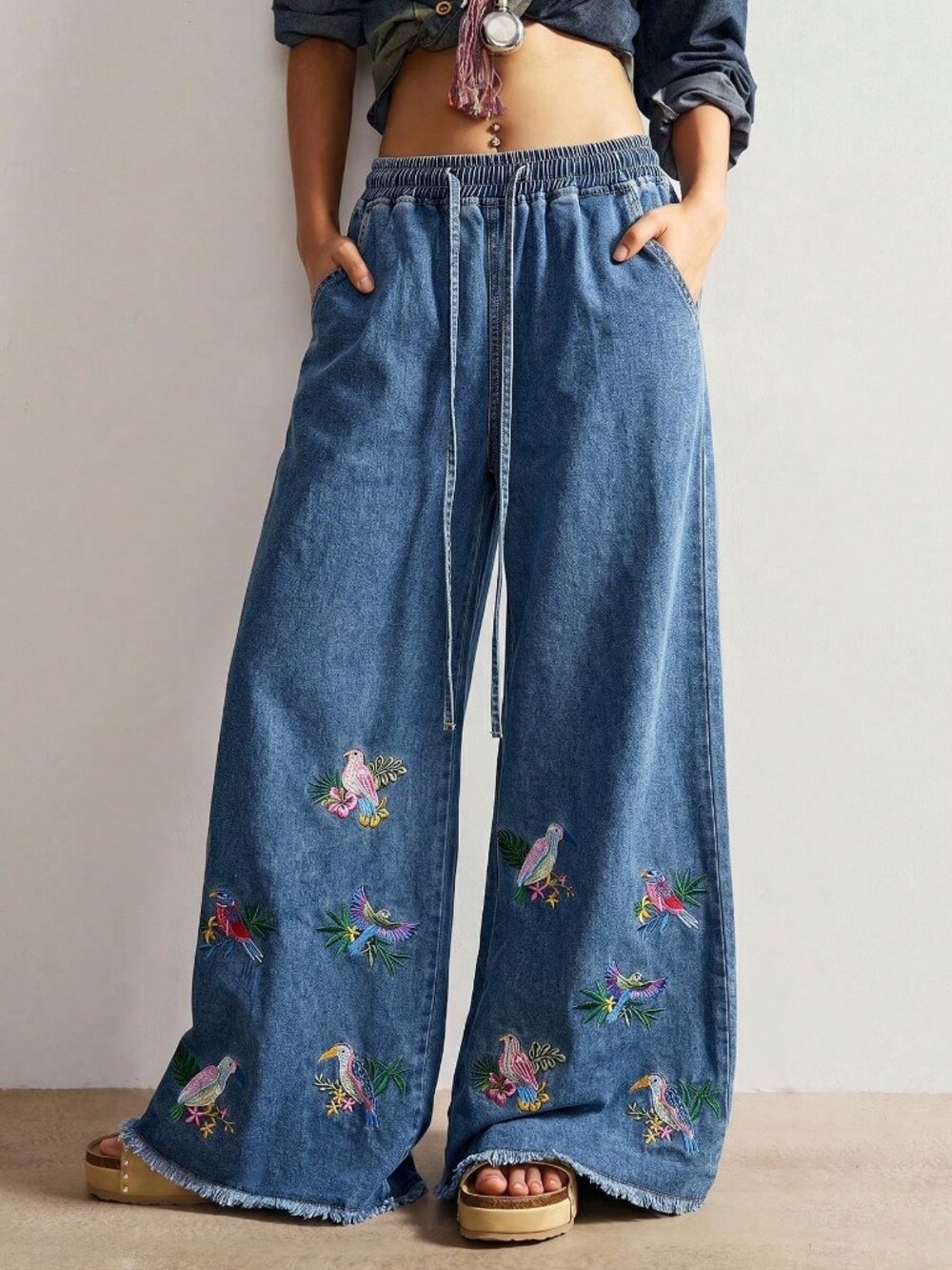 Blue Casual Women's Woven Loose Embroidered Wide Leg Long Pants